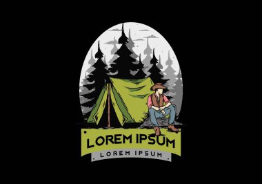 Çadırın önünde kovboy şapkası takan bir adamın tasarımı.