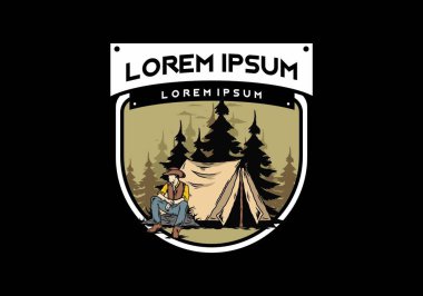 Çadırın önünde kovboy şapkası takan bir adamın tasarımı.