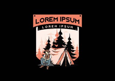 Çadırın önünde kovboy şapkası takan bir adamın tasarımı.