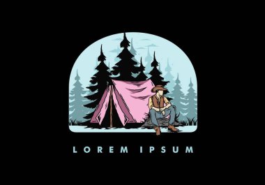 Çadırın önünde kovboy şapkası takan bir adamın tasarımı.