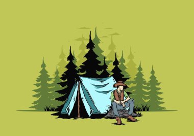 Çadırın önünde kovboy şapkası takan bir adamın tasarımı.