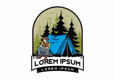 Çadırın önünde kovboy şapkası takan bir adamın tasarımı.