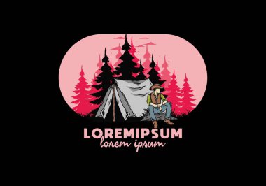 Çadırın önünde kovboy şapkası takan bir adamın tasarımı.