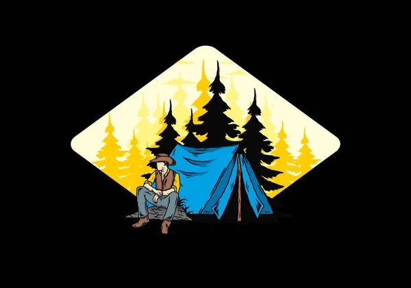 Illustrationsentwurf Eines Mannes Mit Cowboyhut Vor Dem Zelt — Stockvektor