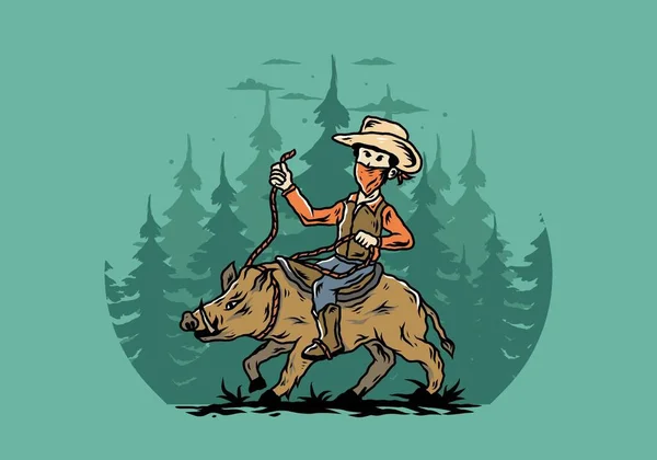 Illustration Design Man Riding Wild Boar — Stock Vector
