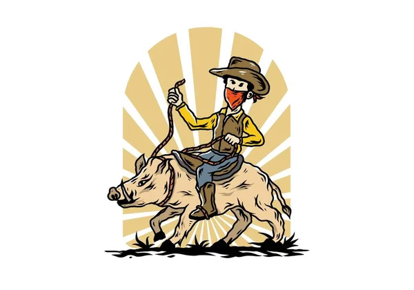 Illustration Design Man Riding Wild Boar — Stock Vector