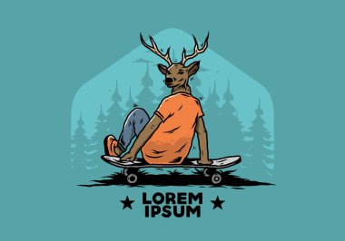 Geyik başlı bir adamın kaykayın üzerinde oturduğu bir tasarım.