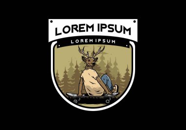 Geyik başlı bir adamın kaykayın üzerinde oturduğu bir tasarım.