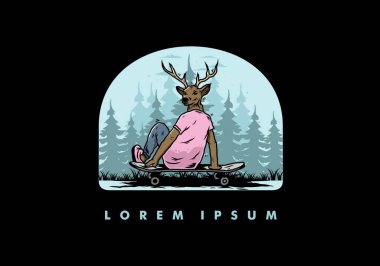Geyik başlı bir adamın kaykayın üzerinde oturduğu bir tasarım.