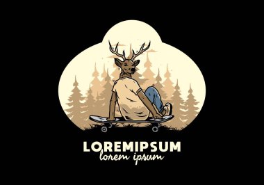 Geyik başlı bir adamın kaykayın üzerinde oturduğu bir tasarım.