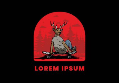 Geyik başlı bir adamın kaykayın üzerinde oturduğu bir tasarım.