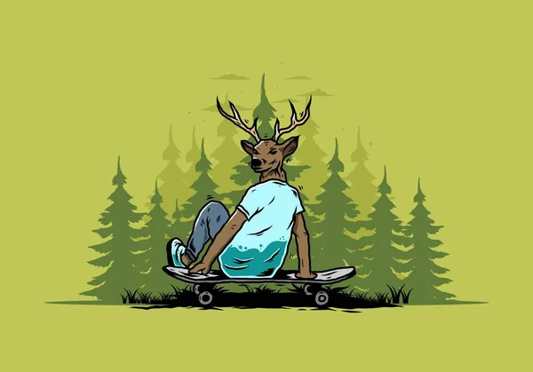 Illustration Design Man Deer Head Sitting Skateboard — Image vectorielle