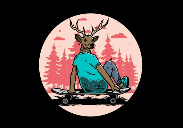 Illustration Homme Avec Tête Cerf Assis Sur Planche Roulettes — Image vectorielle