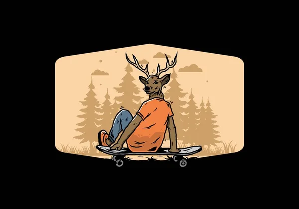 Illustration Homme Avec Tête Cerf Assis Sur Planche Roulettes — Image vectorielle