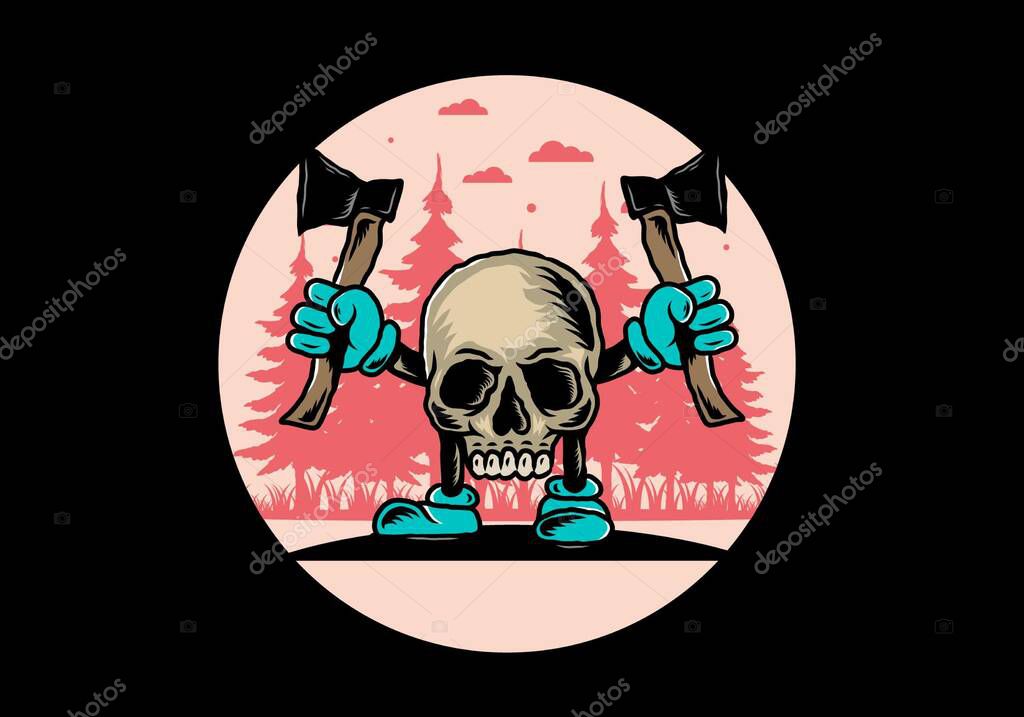 Illustration design of a Skull holding two ax