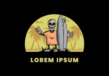 Sörf tahtası tutan küçük bir kafatası tasarımı.