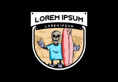 Sörf tahtası tutan küçük bir kafatası tasarımı.