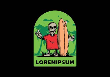 Sörf tahtası tutan küçük bir kafatası tasarımı.