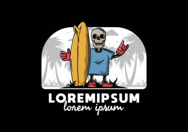 Sörf tahtası tutan küçük bir kafatası tasarımı.