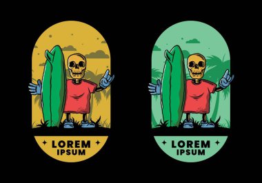 Sörf tahtası tutan küçük bir kafatası tasarımı.