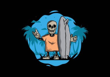 Sörf tahtası tutan küçük bir kafatası tasarımı.