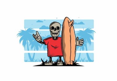 Illustration design of a little skull holding a surfing board