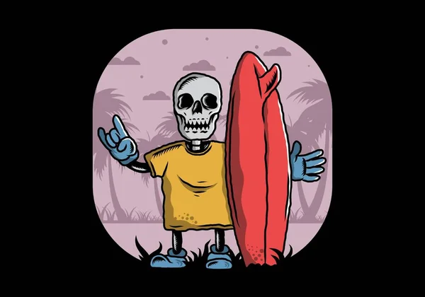 Illustration Design Little Skull Holding Surfing Board — ストックベクタ