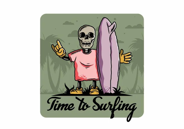 Illustration Design Little Skull Holding Surfing Board — Image vectorielle