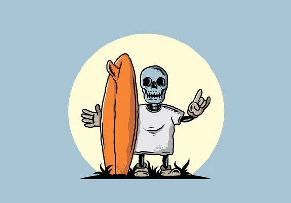 Illustration Design Little Skull Holding Surfing Board — Stockvector