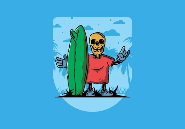 Illustration Design Little Skull Holding Surfing Board — ストックベクタ