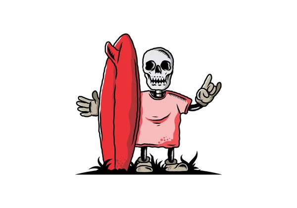 Ilustração Design Pequeno Crânio Segurando Uma Prancha Surf — Vetor de Stock