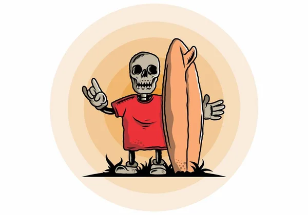 Ilustração Design Pequeno Crânio Segurando Uma Prancha Surf — Vetor de Stock