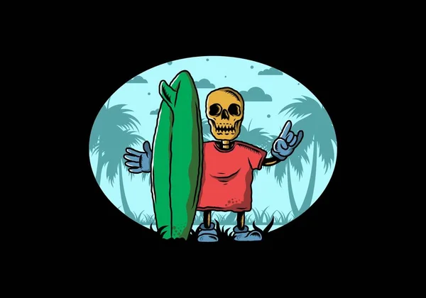 Ilustração Design Pequeno Crânio Segurando Uma Prancha Surf — Vetor de Stock