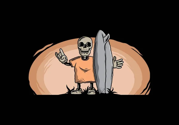 Illustration Design Little Skull Holding Surfing Board — Stockvector