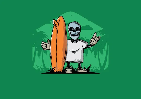 Illustration Design Little Skull Holding Surfing Board — Stockvector