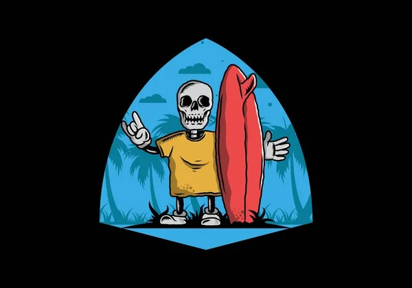 Ilustração Design Pequeno Crânio Segurando Uma Prancha Surf — Vetor de Stock