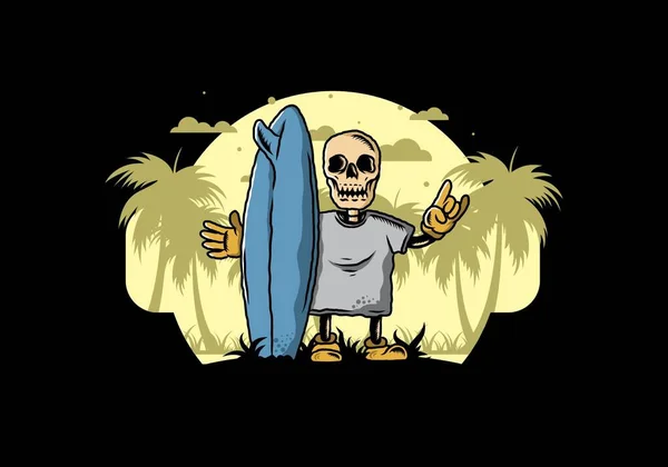 Illustration Design Little Skull Holding Surfing Board — Stockvector