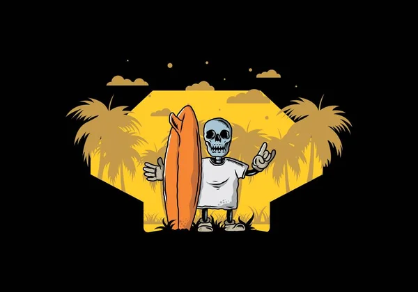 Ilustração Design Pequeno Crânio Segurando Uma Prancha Surf — Vetor de Stock