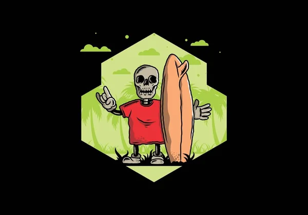 Ilustração Design Pequeno Crânio Segurando Uma Prancha Surf — Vetor de Stock