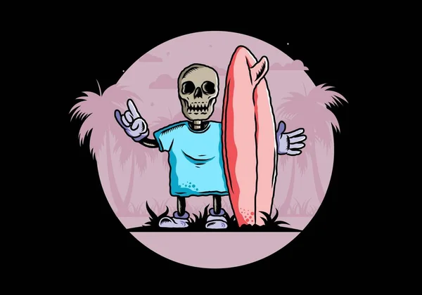 Illustration Design Little Skull Holding Surfing Board — ストックベクタ