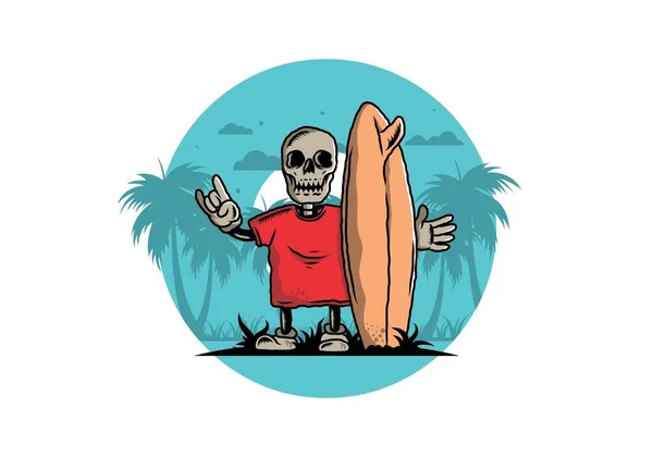 Illustration Design Little Skull Holding Surfing Board — Vector de stock