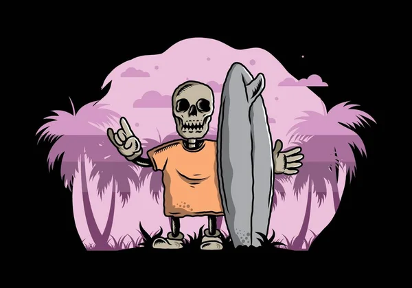 Ilustração Design Pequeno Crânio Segurando Uma Prancha Surf — Vetor de Stock