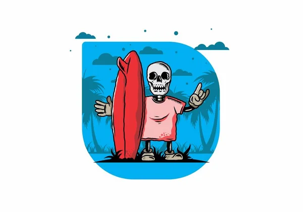 Ilustração Design Pequeno Crânio Segurando Uma Prancha Surf — Vetor de Stock