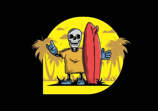 Illustration Design Little Skull Holding Surfing Board — Stockvector