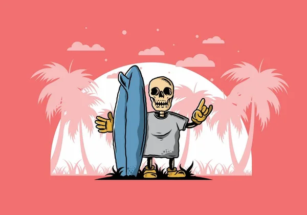 Ilustração Design Pequeno Crânio Segurando Uma Prancha Surf — Vetor de Stock