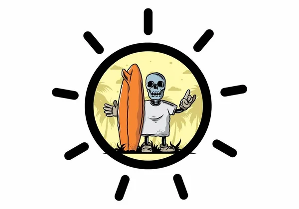 Ilustração Design Pequeno Crânio Segurando Uma Prancha Surf — Vetor de Stock