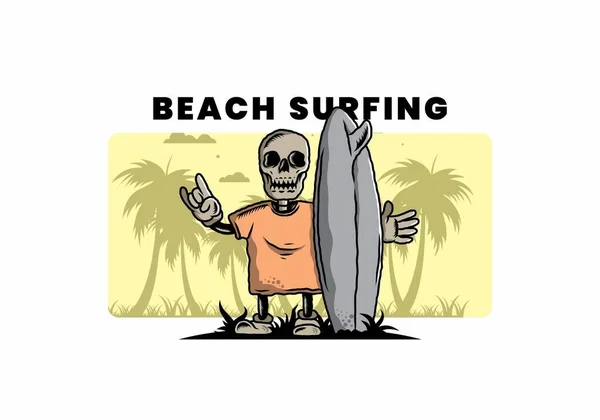 Illustration Design Little Skull Holding Surfing Board — Image vectorielle