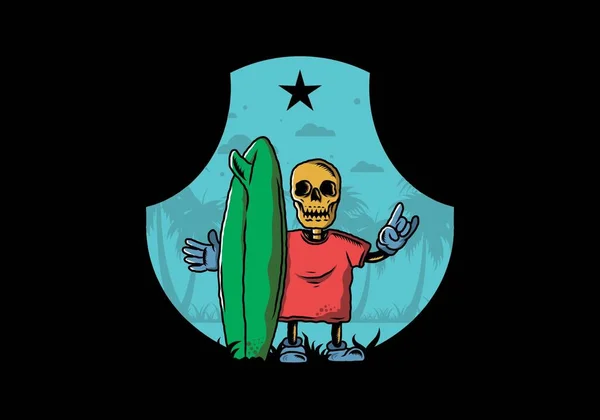 Illustration Design Little Skull Holding Surfing Board — Vetor de Stock