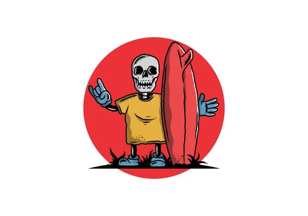 Illustration Design Little Skull Holding Surfing Board — Vetor de Stock