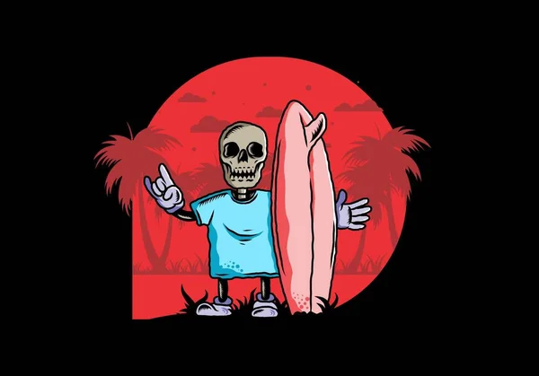 Illustration Design Little Skull Holding Surfing Board — Stockvektor